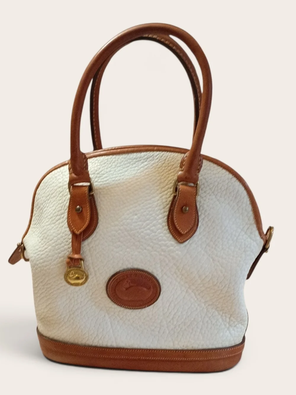 Dooney & Bourke White Pebbled Leather Satchel with Brown Trim